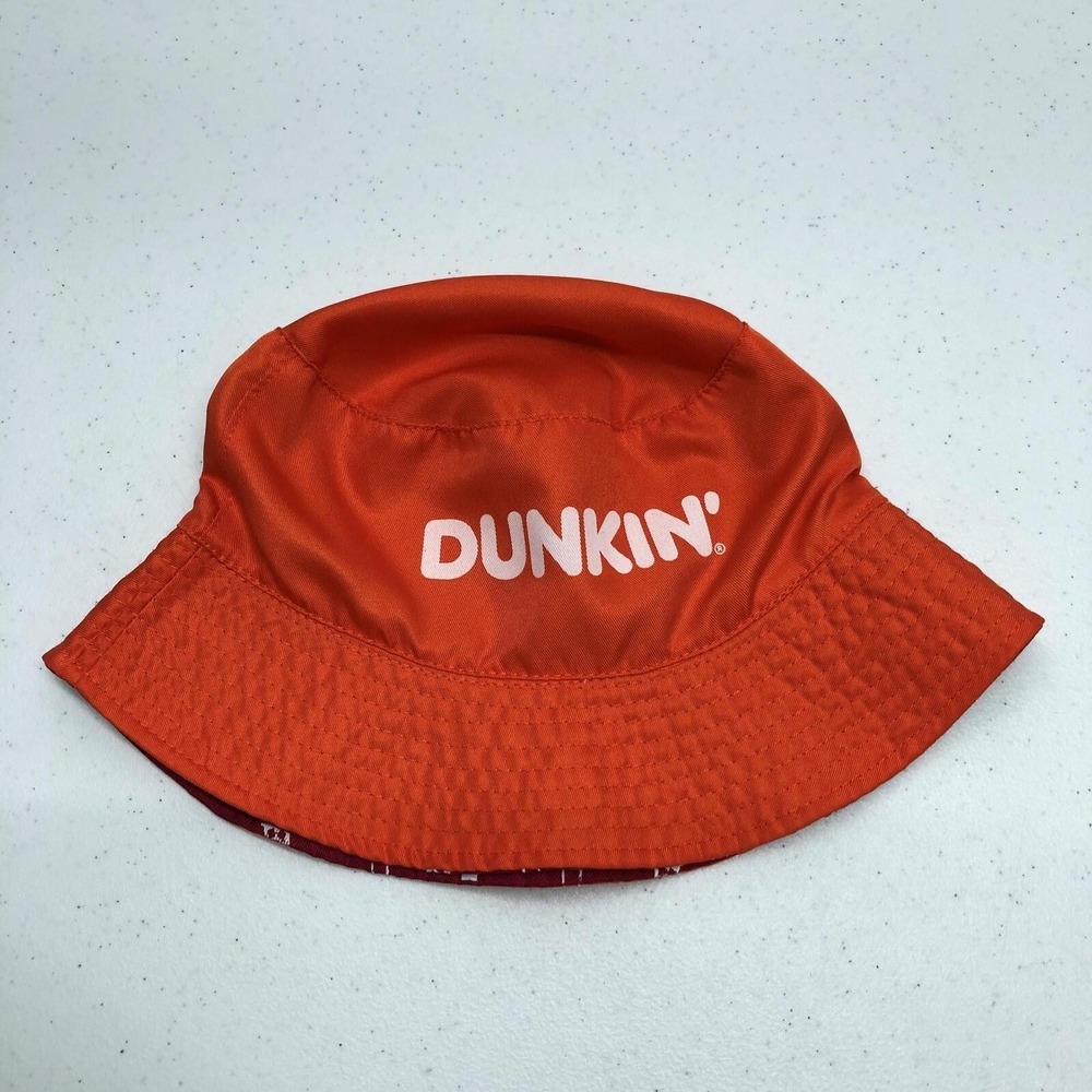 Dunkin Hat Bucket Mens One Size Orange Reversible Coffee Logo Red Print Pattern
